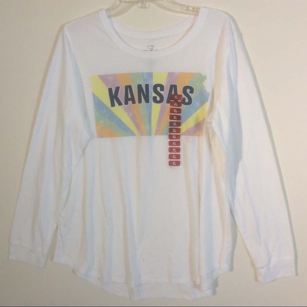 KANSAS State of Mine Cotton Blend T Shirt Long Sleeve Pullover Rainbow Top